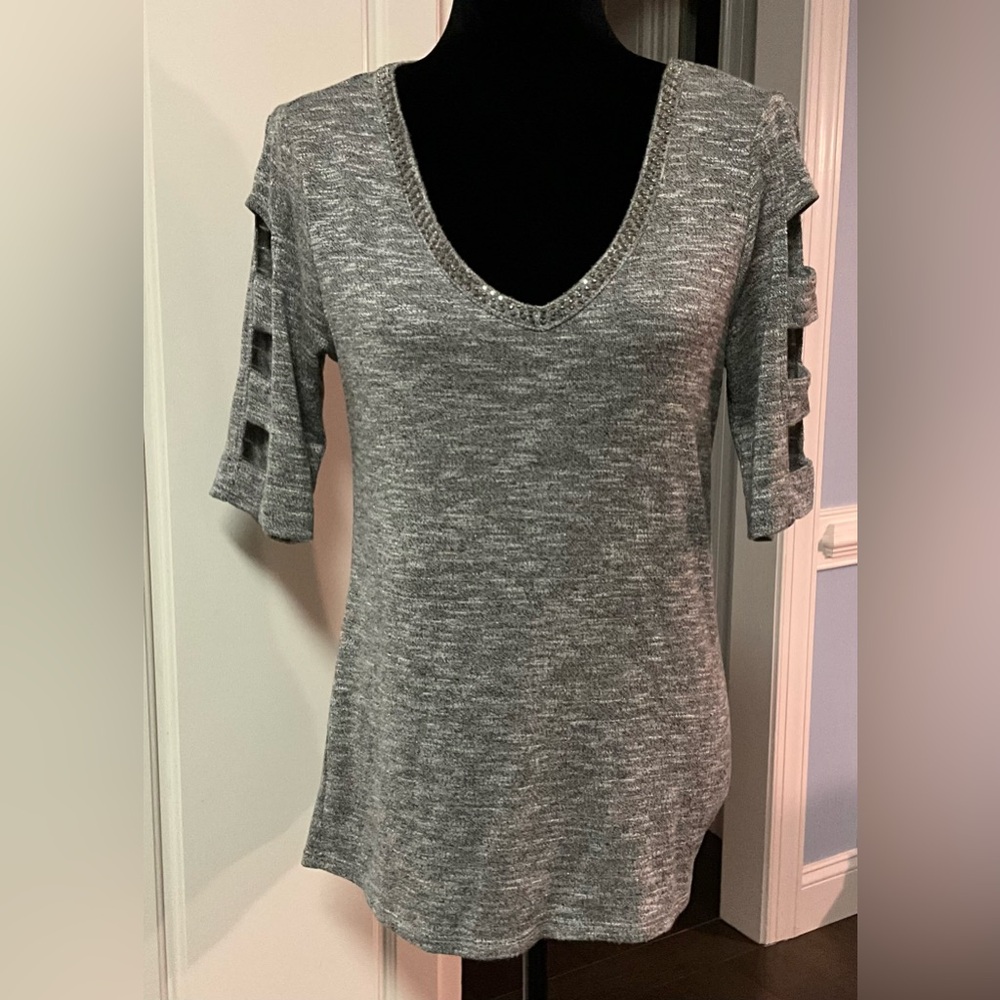 EUC J-Lo Cutout Sleeve Rhinestone Spring / Summer Sweater